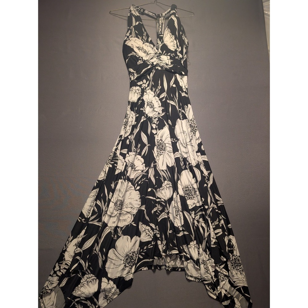 Nani Kai Maxi Dress Womens Large Black White Floral Asymmetrical Hem Hawaiian